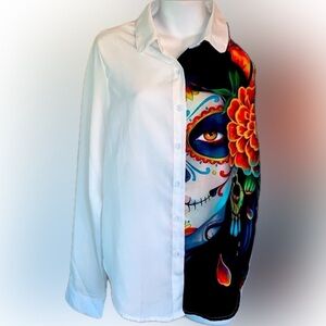 SUGAR SKULL Day of the Dead white buttondown blouse, iconic CATARINA face. M EUC